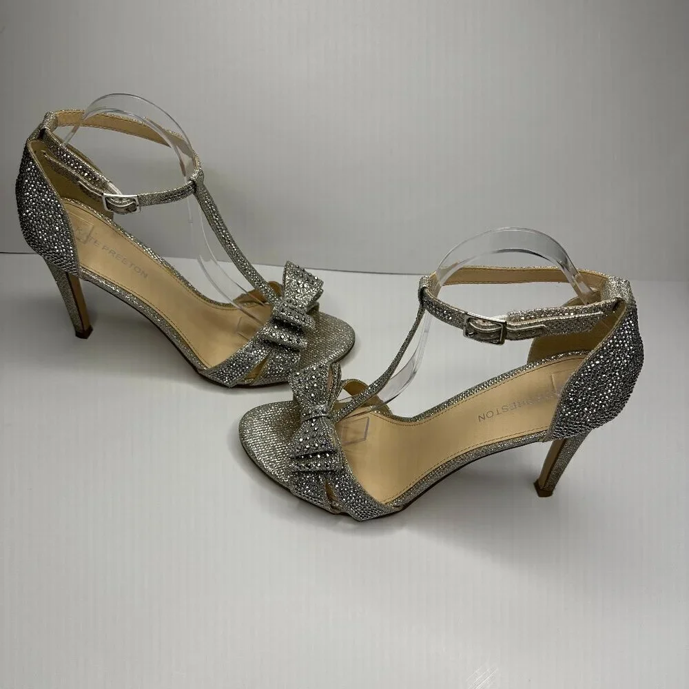 Kate Preston Lula Rhinestone Bow Ankle High Heeled Sandal in Silver Size 11 - Picture 4 of 9